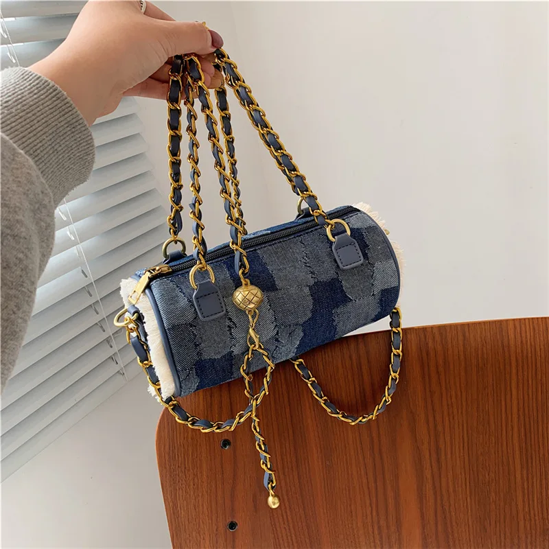 2021 New Ladies Handbag Small Cylinder Purse Crossbody Bag For Women Patchwork Denim Shoulder Bags Fashion Chain Messenger Bag
2021 New Ladies Handbag Small Cylinder Purse Crossbody Bag For Women Patchwork Denim Shoulder Bags Fashion Chain Messenger Bag