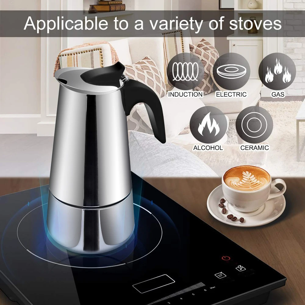 Stainless Steel Coffee Maker Moka Pot Kettle Espresso Maker Italian Coffee Maker Latte Filter Espresso Machine
Stainless Steel Coffee Maker Moka Pot Kettle Espresso Maker Italian Coffee Maker Latte Filter Espresso Machine