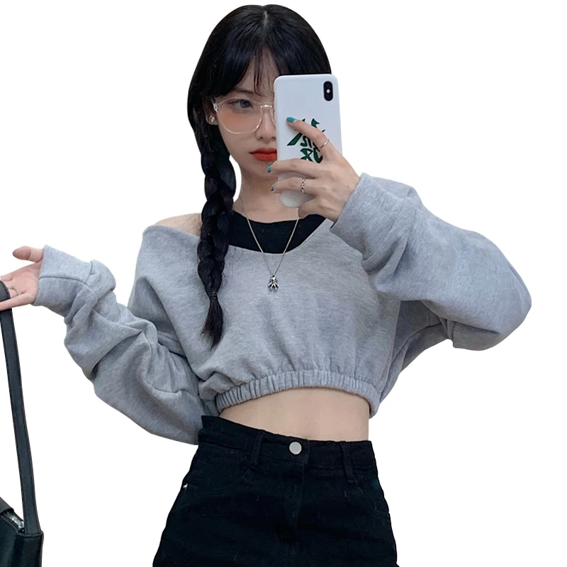 Autumn Off-Shoulder Long Sleeve Sweatershirt Navel Solid Color Women T-shirt High Street Hipster V-neck Top Fashion Short Tee
Autumn Off-Shoulder Long Sleeve Sweatershirt Navel Solid Color Women T-shirt High Street Hipster V-neck Top Fashion Short Tee