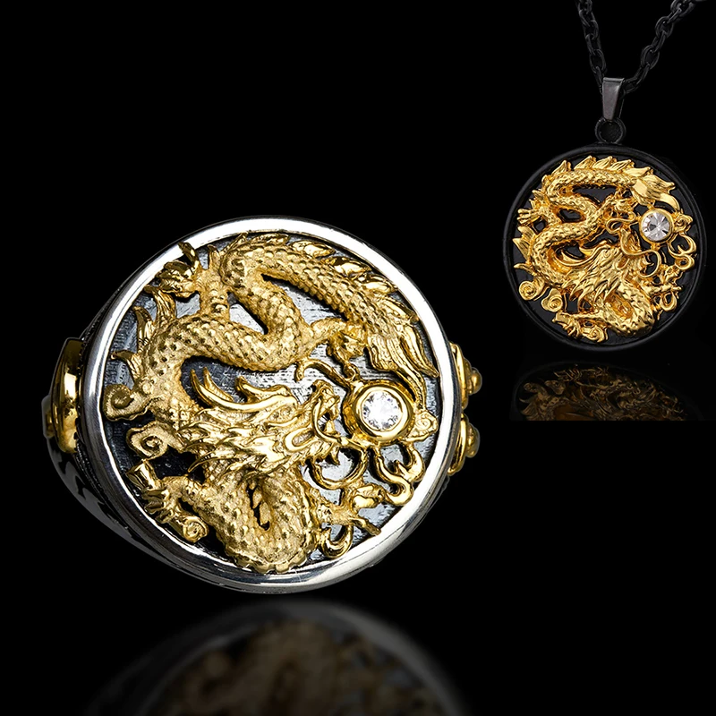 FDLK Vintage Black Gold Dragon Carved CZ Pendant Necklace Ring Set For Men Gothic Punk Rock Biker Copper Jewelry Gift
FDLK Vintage Black Gold Dragon Carved CZ Pendant Necklace Ring Set For Men Gothic Punk Rock Biker Copper Jewelry Gift