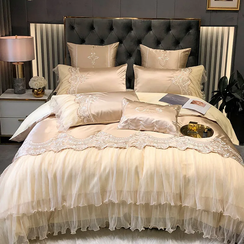 Luxury Princess Style Long Stapleed Cotton Embroidered Chiffon Lace Bedding Set Duvet Cover Sheet Pillowcase King Queen 4 Pcs
Luxury Princess Style Long Stapleed Cotton Embroidered Chiffon Lace Bedding Set Duvet Cover Sheet Pillowcase King Queen 4 Pcs