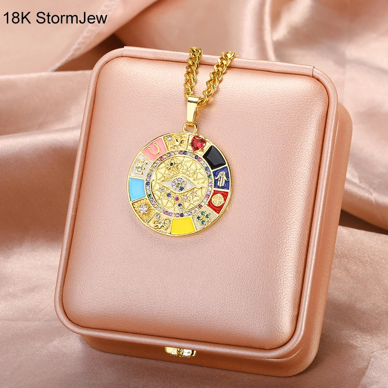 Evil Eye Pendant Round Gold Necklace Colorful Zircon Lucky Compass Necklaces For Women Long Chain Choker Jewelry Gifts Amulet
Evil Eye Pendant Round Gold Necklace Colorful Zircon Lucky Compass Necklaces For Women Long Chain Choker Jewelry Gifts Amulet