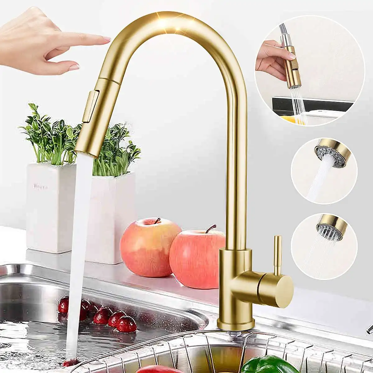 Brushed Gold Touch Kitchen Faucet Pull Out Sensor Touch Kitchen Faucet Crane Double Water Mode Mixer Faucet Battery Power
Brushed Gold Touch Kitchen Faucet Pull Out Sensor Touch Kitchen Faucet Crane Double Water Mode Mixer Faucet Battery Power