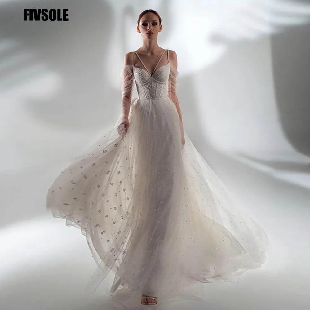 Fivsole Modern Dotted Long Tulle Spaghetti Straps Wedding Dress Illusion Sleeves Bridal Mariage Gowns Dress Princess Vestidos
Fivsole Modern Dotted Long Tulle Spaghetti Straps Wedding Dress Illusion Sleeves Bridal Mariage Gowns Dress Princess Vestidos