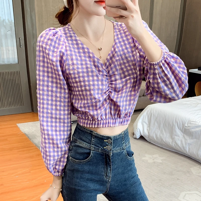 Women Plaid Shirts Blouses 2021 Blouse Tops Sexy V-Neck Long Sleeve Casual Chic Style Elastic Woman Blusa Spring Summer Purple 
Women Plaid Shirts Blouses 2021 Blouse Tops Sexy V-Neck Long Sleeve Casual Chic Style Elastic Woman Blusa Spring Summer Purple