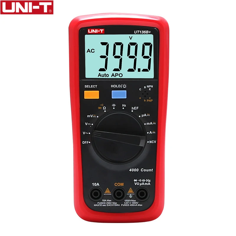 

UNI-T Auto Range Digital Multimeter AC DC Voltage Current NCV hFE Diode Cap Hz Tester Meter Auto Power Off UT136B+ UT136C+