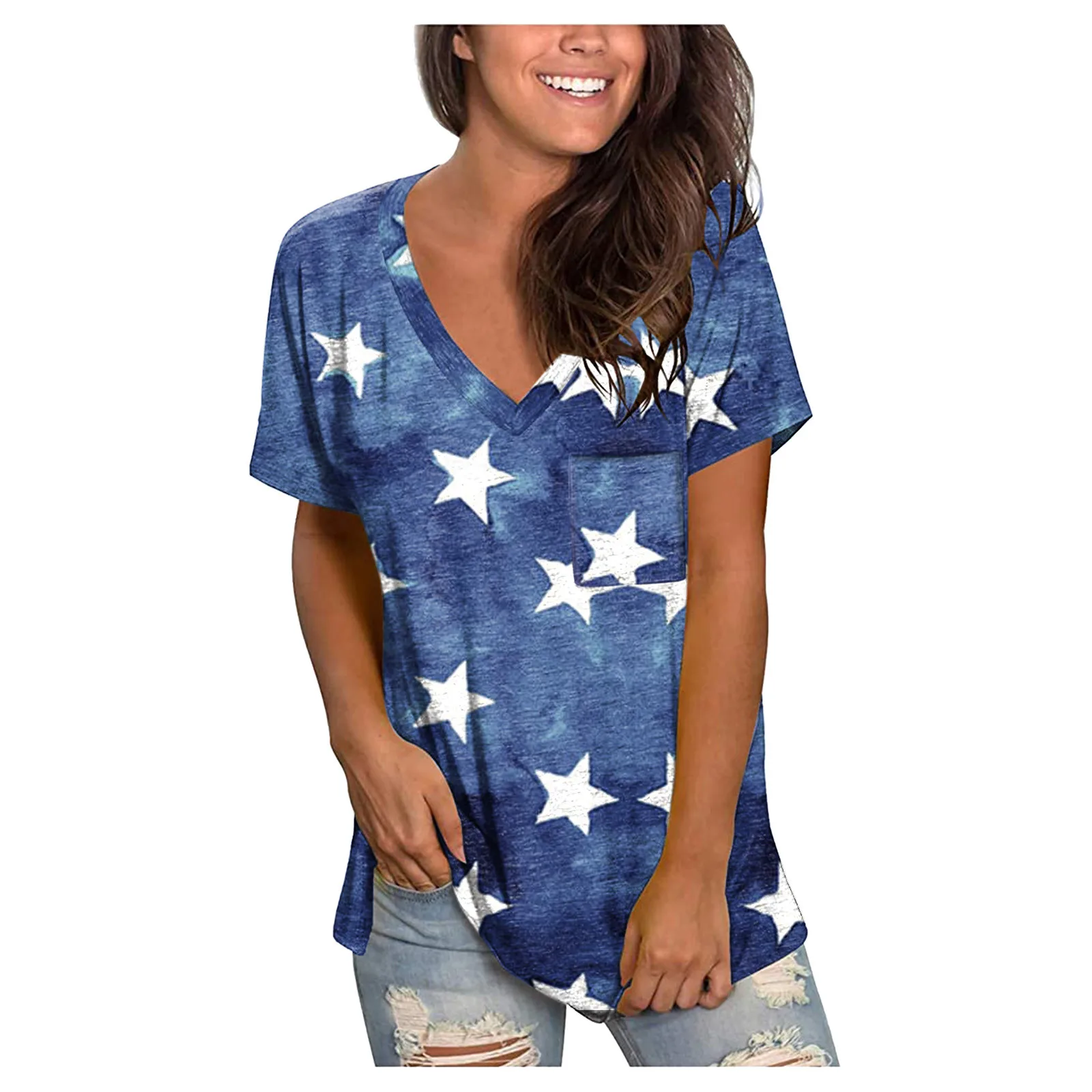 Summer Women Tshirts V-neck Loose Short Sleeve Tops Temperament Commuter Stars Print Pullover Tupper Garment Lady Pocket T Shirt 
Summer Women Tshirts V-neck Loose Short Sleeve Tops Temperament Commuter Stars Print Pullover Tupper Garment Lady Pocket T Shirt