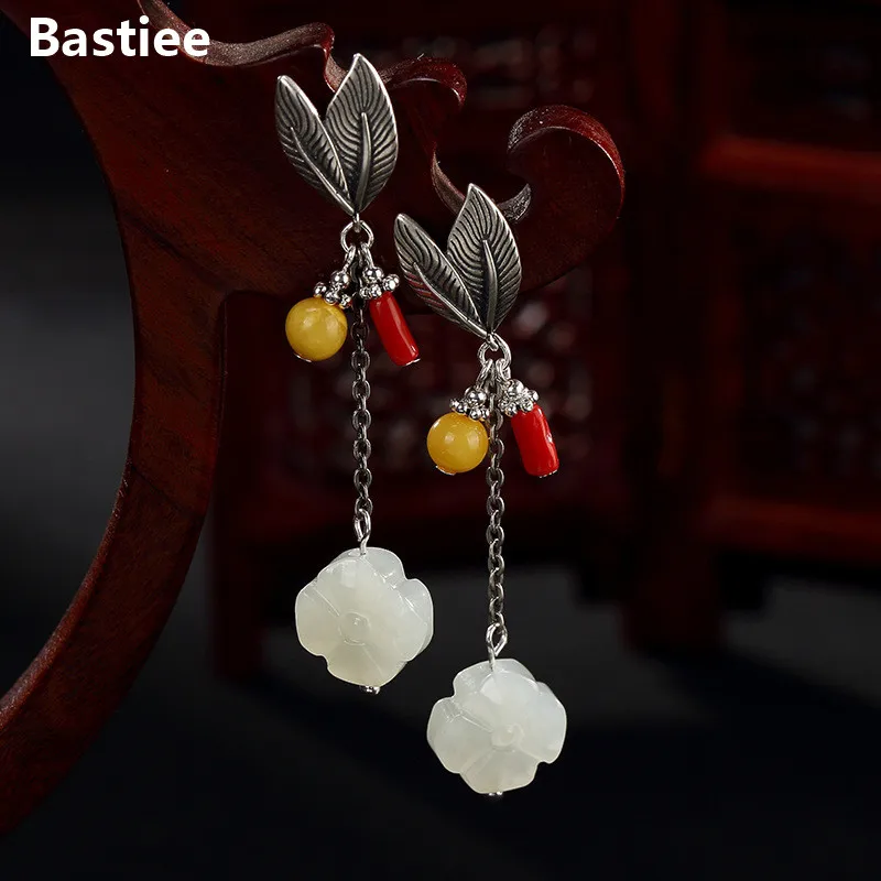 

Bastiee Lucky Flower Clover Dangle Earrings For Women Drop Earings Silver 925 Jewelry Jade Amber Beads Chinese Vintage Red Agate