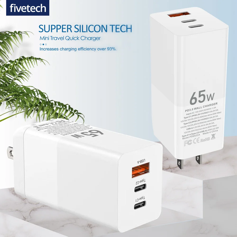 Зарядное устройство Fivetech сетевое с USB-портами и поддержкой быстрой зарядки, 65 Вт 
Зарядное устройство Fivetech сетевое с USB-портами и поддержкой быстрой зарядки, 65 Вт