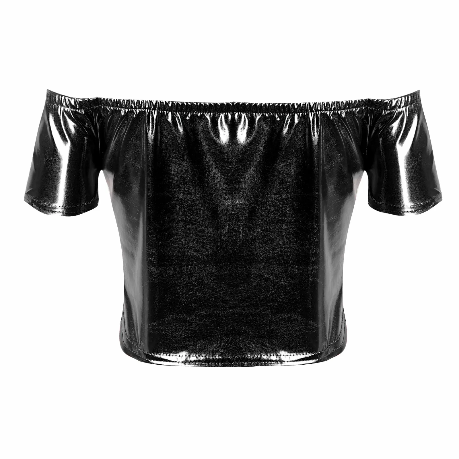 Womens Rave Crop Top Stage Performance Rave Costume Wet Look Patent Leather Off Shoulder Shiny Short Sleeve Tank Tops Clubwear 
Womens Rave Crop Top Stage Performance Rave Costume Wet Look Patent Leather Off Shoulder Shiny Short Sleeve Tank Tops Clubwear