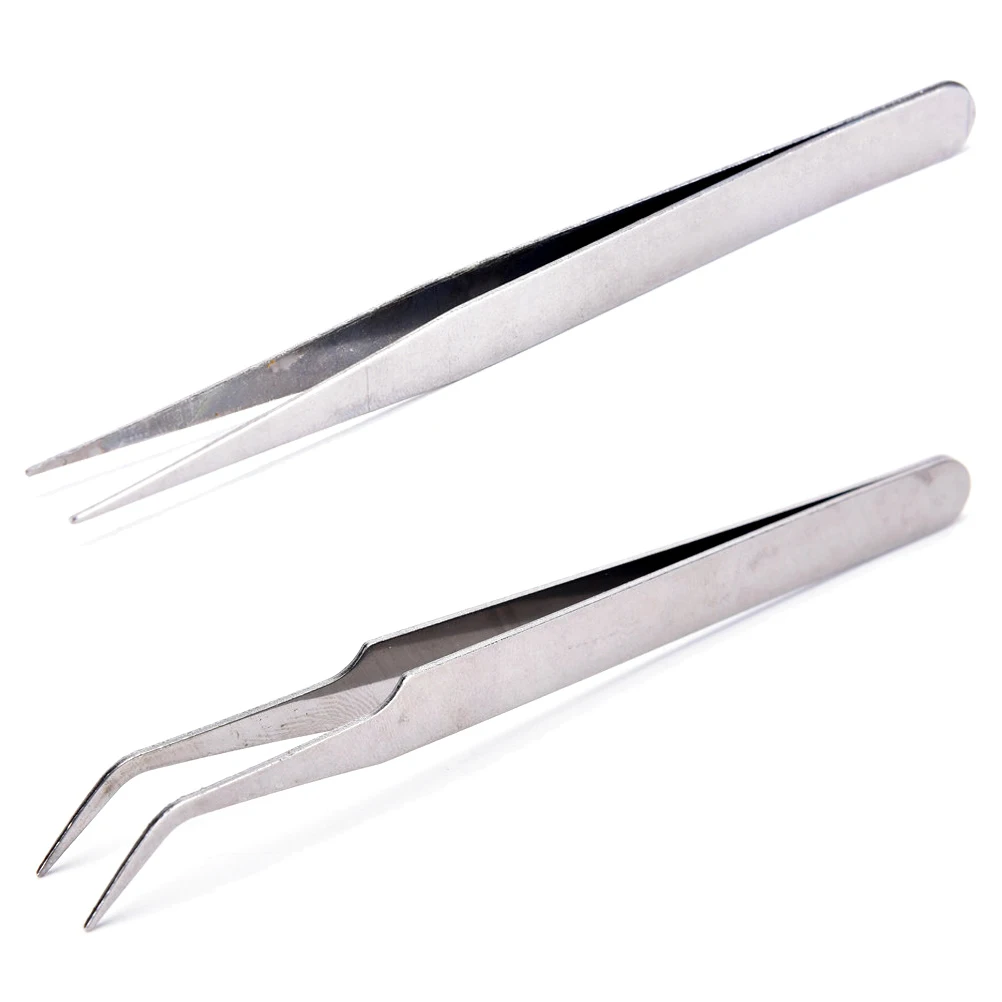 

2Pcs Stainless Steel Tweezers(1Pcs Straight Head Tweezer + 1Pcs Elbow Head Tweezer)With Anti-skid Slot Nipper Forceps Nail Tools