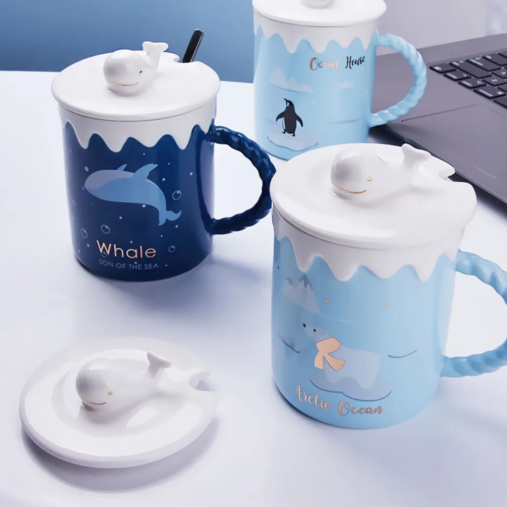 

Cute Whale Polar Bear Mug Ceramic Mug with Lid Spoon Coffee Cup Milk Cup Cute Girl Breakfast Cup Creative Gift 400ml