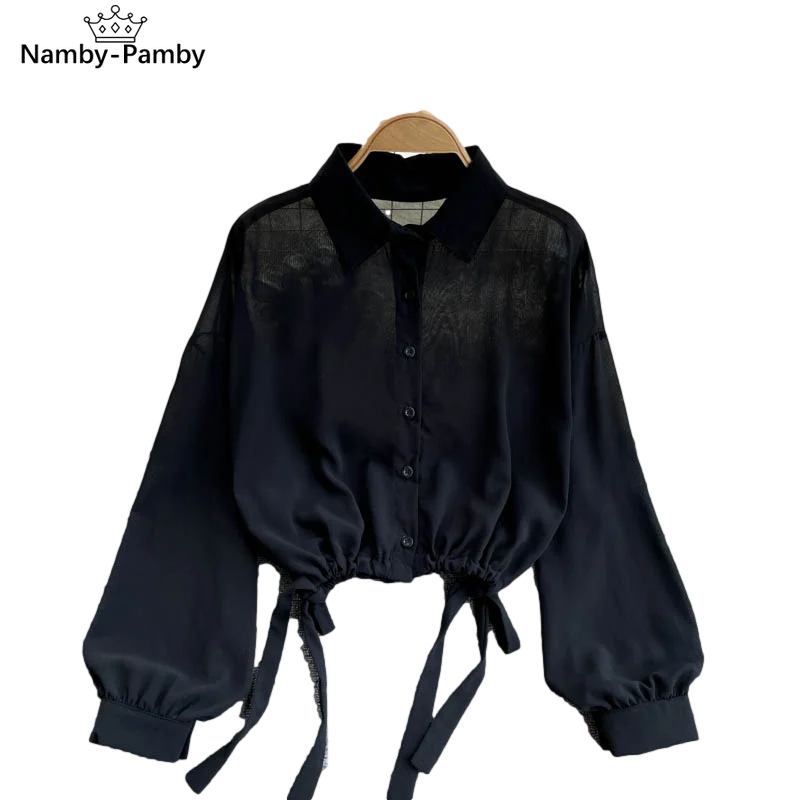 Spring New Chiffon Blouse Female Drawstring Waist Was Thin Lapel Blusa Temperament All-match Bubble Sleeve Sunscreen Shirt GK345
Spring New Chiffon Blouse Female Drawstring Waist Was Thin Lapel Blusa Temperament All-match Bubble Sleeve Sunscreen Shirt GK345