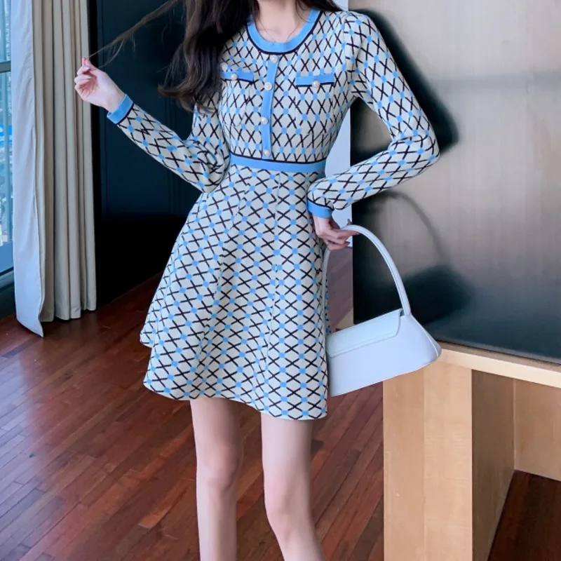 Spring Autumn New Small Fragrance Knitted Dress Women Round Neck Long Sleeve Bottom A-line Lattice Elegant Fashion Lady Dress
Spring Autumn New Small Fragrance Knitted Dress Women Round Neck Long Sleeve Bottom A-line Lattice Elegant Fashion Lady Dress