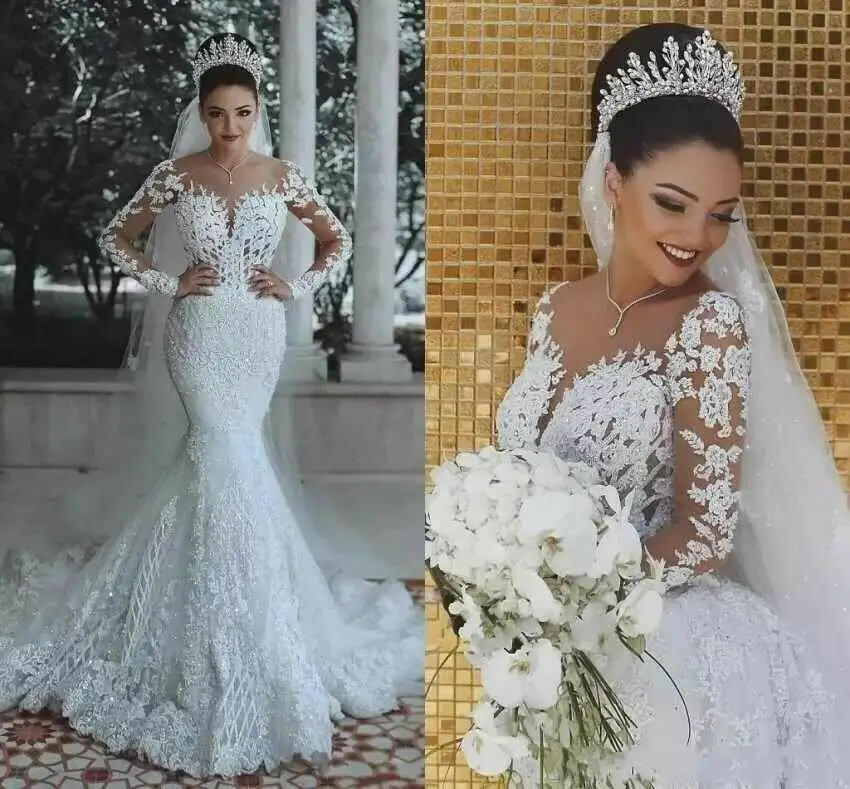 Gorgeous Long Sleeve Mermaid Wedding Dresses Beading Lace Princess Bridal Gown Custom Made Appliques See Through
Gorgeous Long Sleeve Mermaid Wedding Dresses Beading Lace Princess Bridal Gown Custom Made Appliques See Through