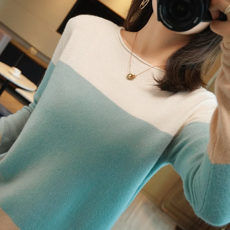 Autumn and Winter New Style 100% Pure Wool Cashmere Sweater Women's O-Neck Collar Color-block Pullover Slim Warm Sweate
Autumn and Winter New Style 100% Pure Wool Cashmere Sweater Women's O-Neck Collar Color-block Pullover Slim Warm Sweate
