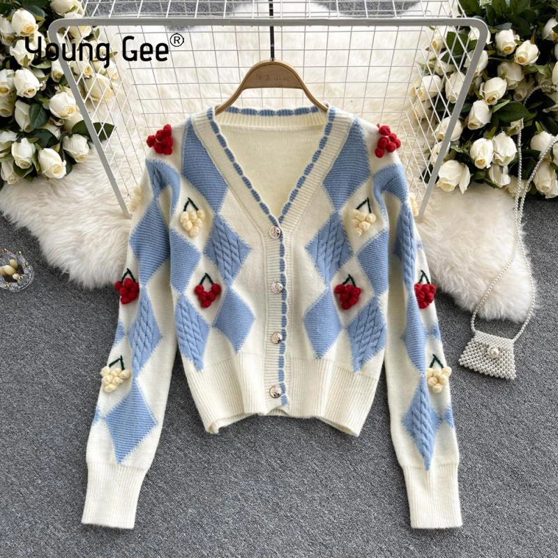 

Young Gee Women 3D Cherry Appliques Cardigans Knitted Sweater Autumn Winter Jumper Casual Streetwear Fashion Pull Femme Coats