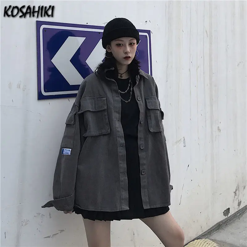Фото Куртка женская в стиле Харадзюку универсальный пиджак-карго панк черно-серая