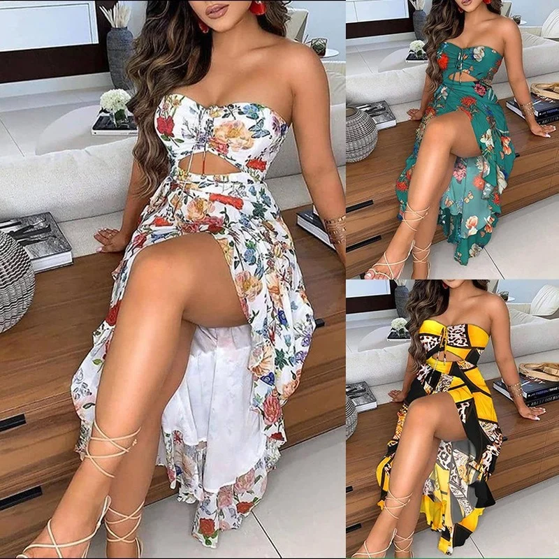 

2021 New Summer Sexy Skirt Wrapped Chest One Word Collar Overall Print Off-shoulder Ruffled Slit Mid-length Women Bodycon Dress