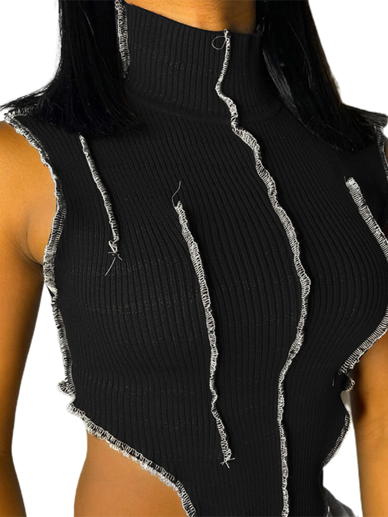 

Women's Mock Neck Crop Tops, Sexy Sleeveless Asymmetric Hem Rib Knit Stitching Tank Tops