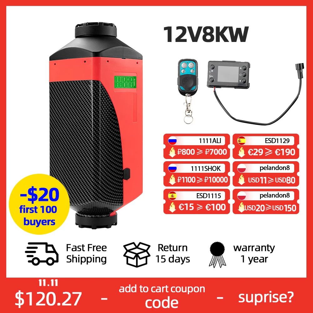 Дизельный Обогреватель воздуха 8 кВт, парковочный автомобильный обогреватель 12 В 8000 Вт, стандартный ЖК-термостат, тихий для автодома, кемпер...
Дизельный Обогреватель воздуха 8 кВт, парковочный автомобильный обогреватель 12 В 8000 Вт, стандартный ЖК-термостат, тихий для автодома, кемпер...