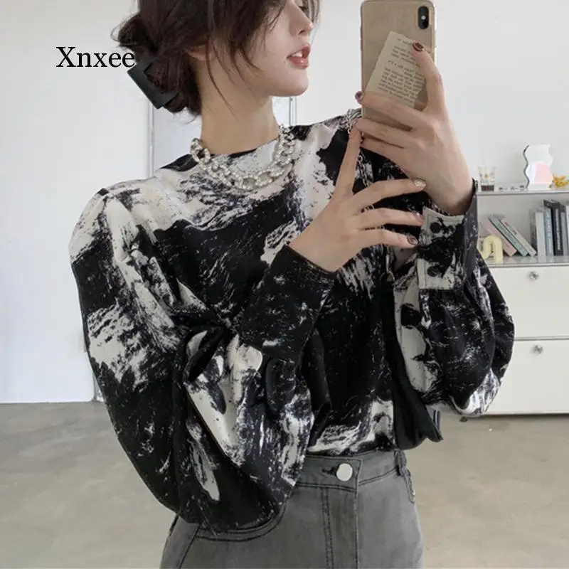 Рубашка женская с рукавами-фонариками и принтом, повседневный Свободный пуловер в стиле ретро, топ с круглым вырезом, весна-осень 
Рубашка женская с рукавами-фонариками и принтом, повседневный Свободный пуловер в стиле ретро, топ с круглым вырезом, весна-осень