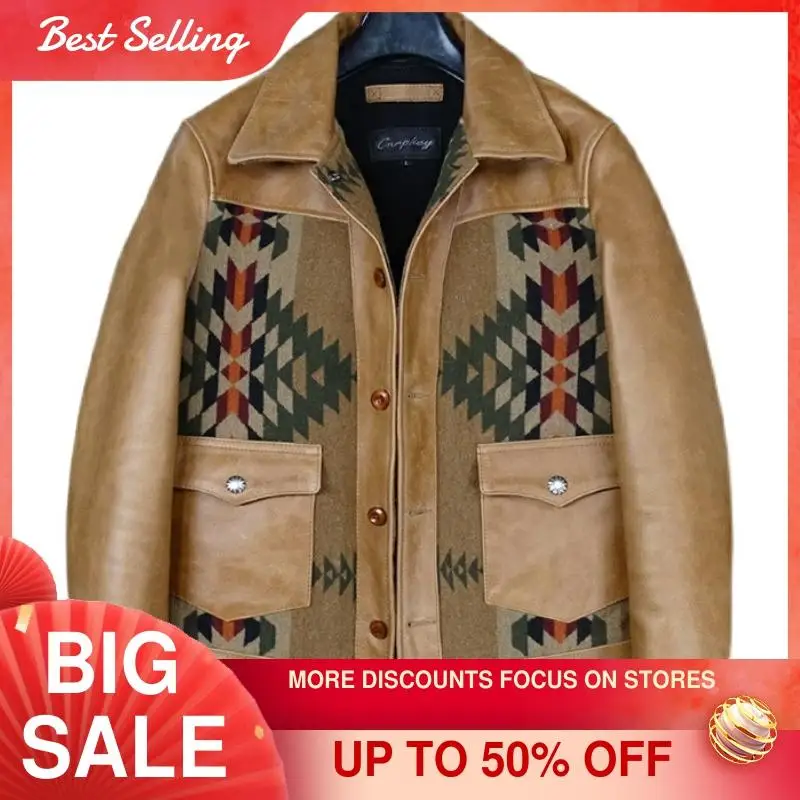 2021 Brown Casual Style Genuine Leather Jacket Men Large Size 5XL Navajo Totem Design Real Natural Cowhide Spring Spliced Coat
2021 Brown Casual Style Genuine Leather Jacket Men Large Size 5XL Navajo Totem Design Real Natural Cowhide Spring Spliced Coat