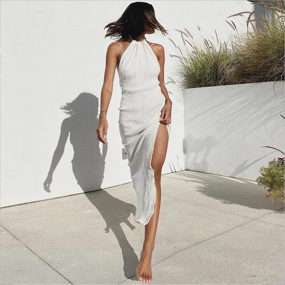 Halter Neck Sexy Women White Long Dress High Slit Evening Party Dress Fashion Lace Up Backless Bodycon Holiday Summer Sundress 
Halter Neck Sexy Women White Long Dress High Slit Evening Party Dress Fashion Lace Up Backless Bodycon Holiday Summer Sundress