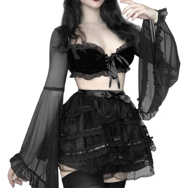 Kayotuas Women Blouse Ruffles Hem Flare Long Sleeve Black Mesh Lace-Up Bandage Short Slim Elegant Ladies Streetwear
Kayotuas Women Blouse Ruffles Hem Flare Long Sleeve Black Mesh Lace-Up Bandage Short Slim Elegant Ladies Streetwear