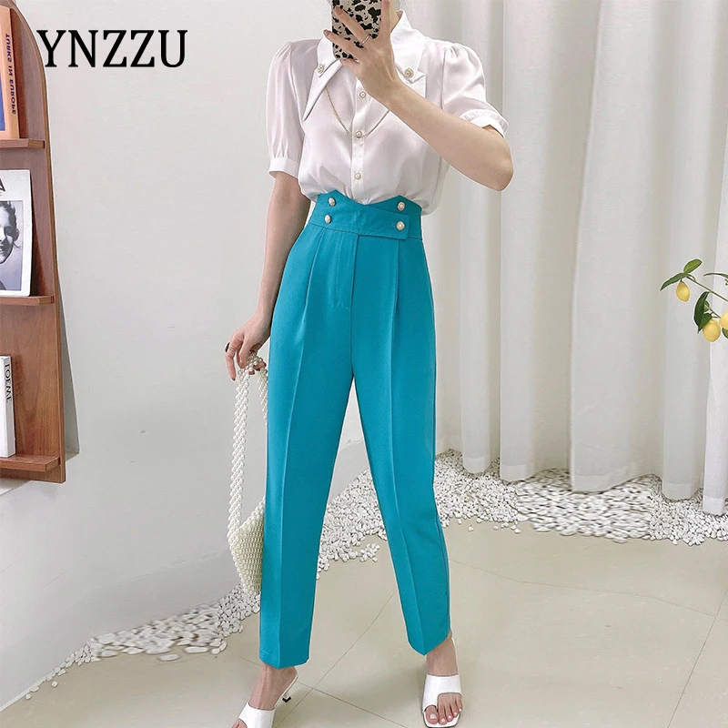 Office ladies Satin Chain Blouse shirt High waist harem pants Women Solid color Fashion Tops Two piece set suit 2021 YNZZU 1T111 
Office ladies Satin Chain Blouse shirt High waist harem pants Women Solid color Fashion Tops Two piece set suit 2021 YNZZU 1T111