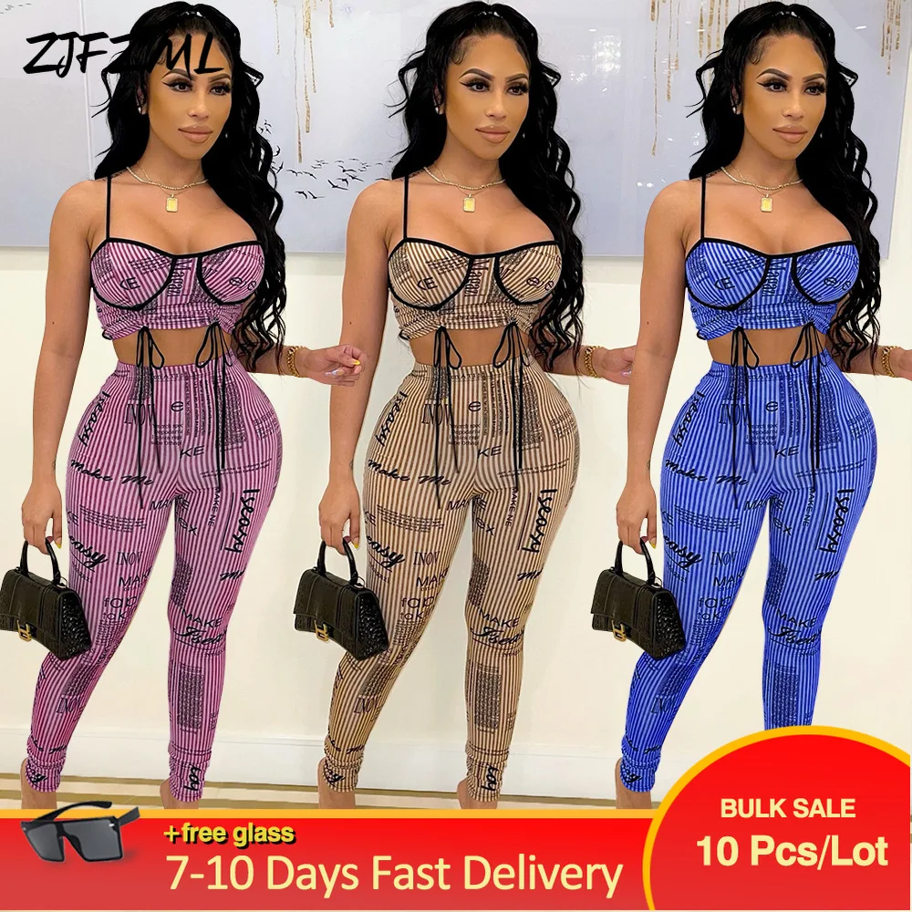 Wholesale Bulk Items Lots Women Set Two Piece Club Outfits Striped Letter Print Slim Crop Top and High Waist Skinny Leggings
Wholesale Bulk Items Lots Women Set Two Piece Club Outfits Striped Letter Print Slim Crop Top and High Waist Skinny Leggings