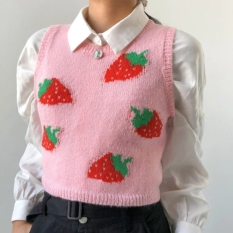Sweet Sleeveless Sweater Vest Women Jumper Strawberry Knitted Crop Top Lady Streetwear Cute V-Neck Pullover Top Vest Autumn
Sweet Sleeveless Sweater Vest Women Jumper Strawberry Knitted Crop Top Lady Streetwear Cute V-Neck Pullover Top Vest Autumn