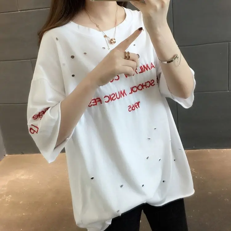 95 cotton 200kg can wear 2021 cotton top medium length women's T-shirt women's loose short sleeve shirt
95 cotton 200kg can wear 2021 cotton top medium length women's T-shirt women's loose short sleeve shirt