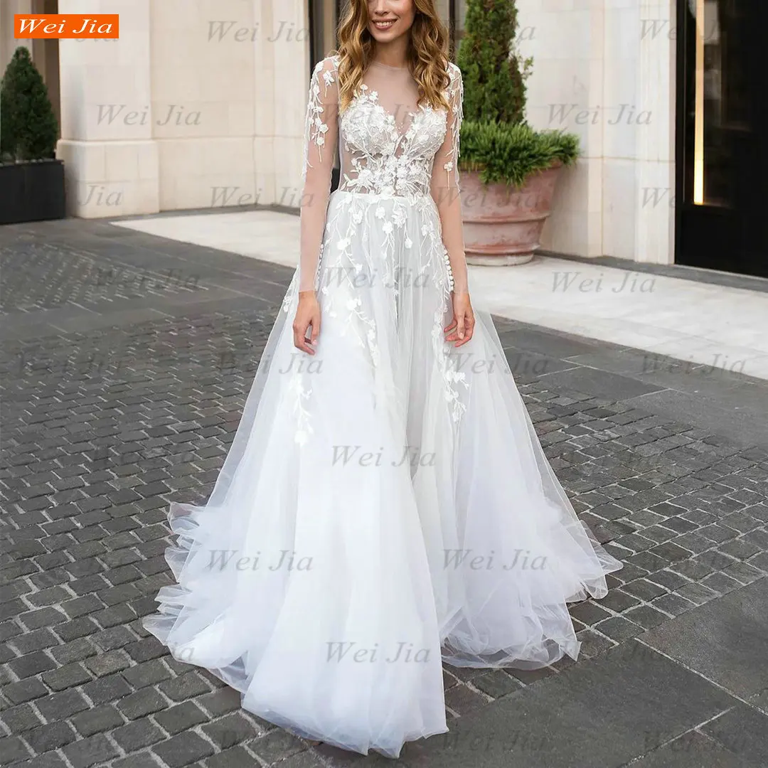 Женское свадебное платье с длинным рукавом, белое ТРАПЕЦИЕВИДНОЕ платье из тюля с аппликацией и круглым вырезом, платье невесты в стиле бох... 
Женское свадебное платье с длинным рукавом, белое ТРАПЕЦИЕВИДНОЕ платье из тюля с аппликацией и круглым вырезом, платье невесты в стиле бох...