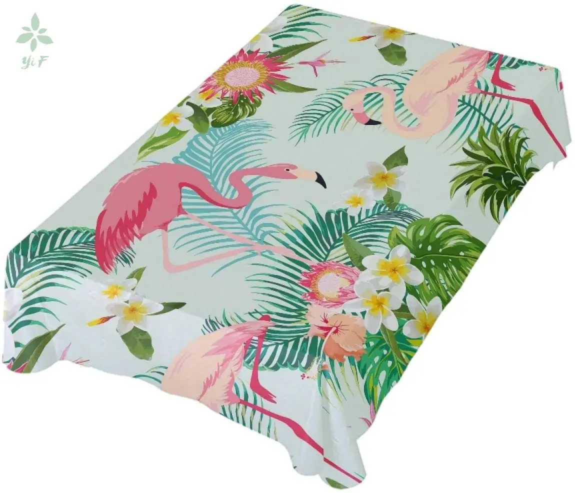 

Green Tropical Palm Trees White Flowers Pink Flamingo Birds Dinner Tablecloth