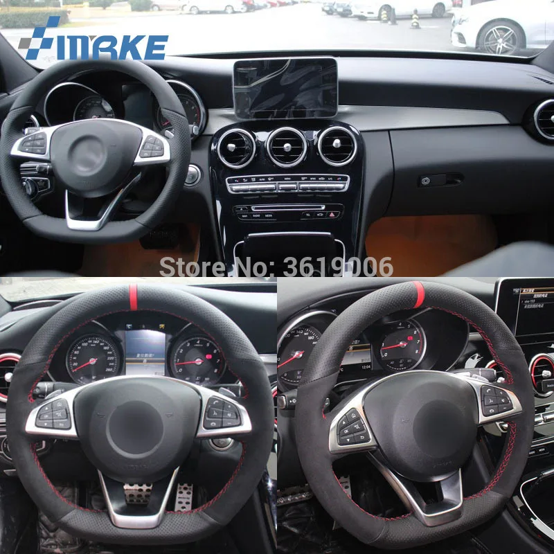 

For Benz C200 C250 High Quality Hand-stitched Anti-Slip Black Leather Black Suede Red Thread DIY Steering Wheel Cover
