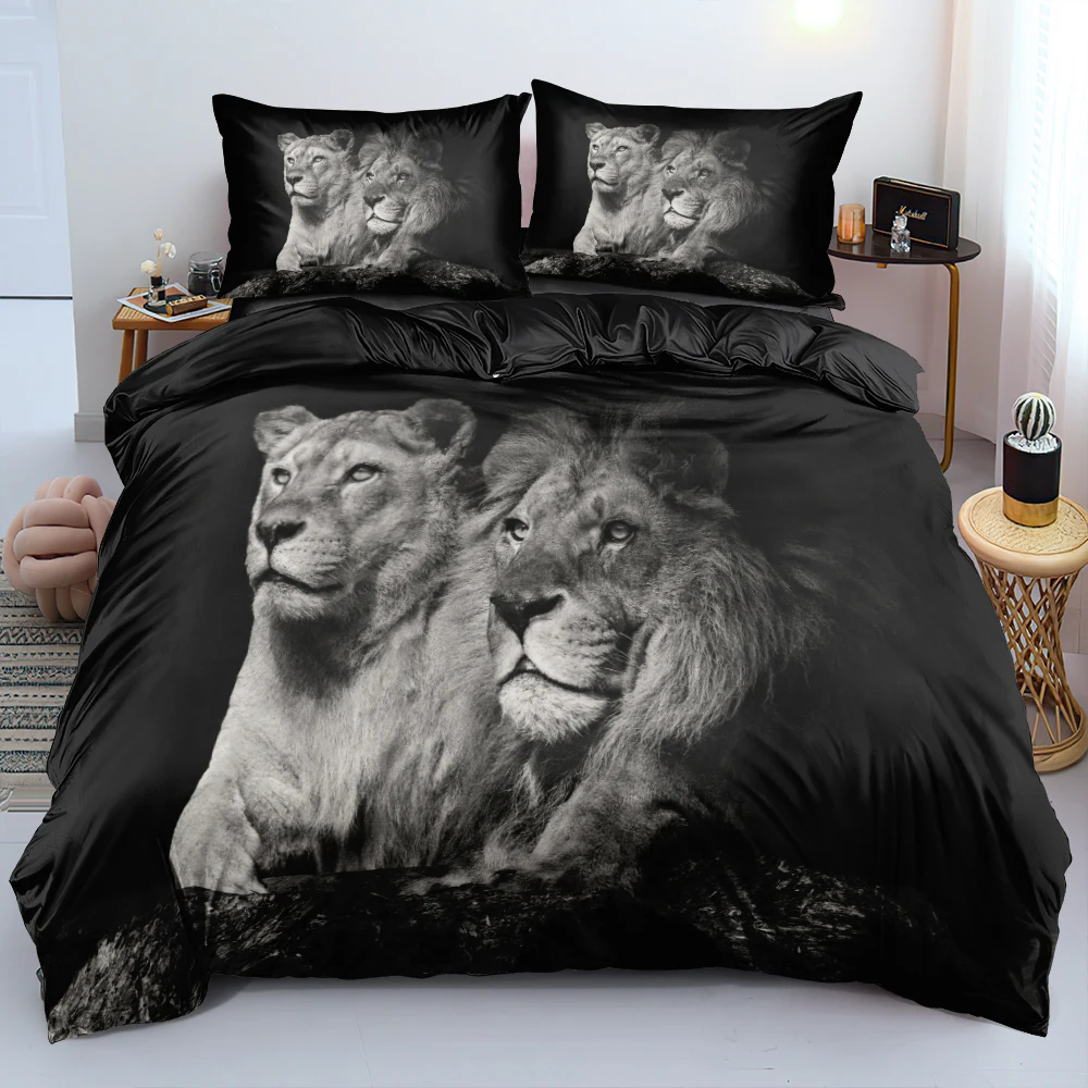 

3D Black Bed Linens Animal Duvet Cover Sets Pillow Slips King Queen Super King Twin Double Full Size 160*200cm Lion Bedclothes