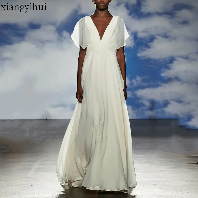 Street Fashion White V Neck Chiffon Party Long Dress Women Sexy Deep V-neck Elegant Temperament Summer Short-sleeved Dresses
Street Fashion White V Neck Chiffon Party Long Dress Women Sexy Deep V-neck Elegant Temperament Summer Short-sleeved Dresses