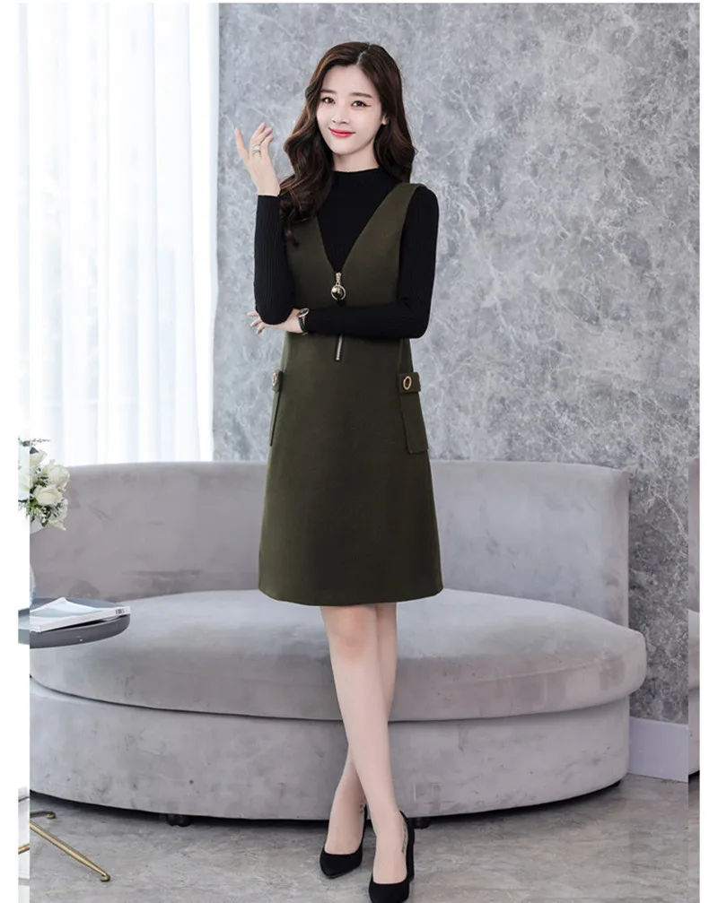 2020 New Elegant Woolen Dress Women Autumn Winter Slim Vest A-Line Women's Dresses Vestidos Knitted Sweater Suit WXF667 | Женская