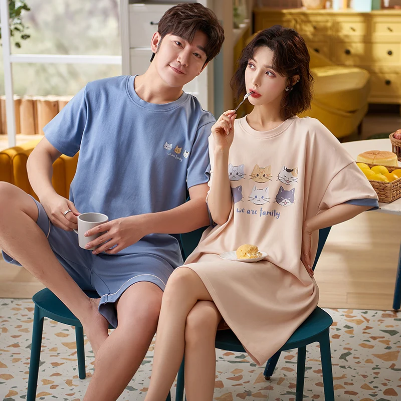 Women Summer Couple Kawaii Cartoon Sweet Pajamas Set Cat Cotton Two Colors Short Sleeve Men Round Neck Shorts Oversize Sleepwear
Women Summer Couple Kawaii Cartoon Sweet Pajamas Set Cat Cotton Two Colors Short Sleeve Men Round Neck Shorts Oversize Sleepwear