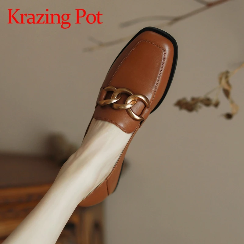 Krazing Pot real cow leather loafers square toe thick med heels apricot color metal chains French vintage style women pumps l13
Krazing Pot real cow leather loafers square toe thick med heels apricot color metal chains French vintage style women pumps l13