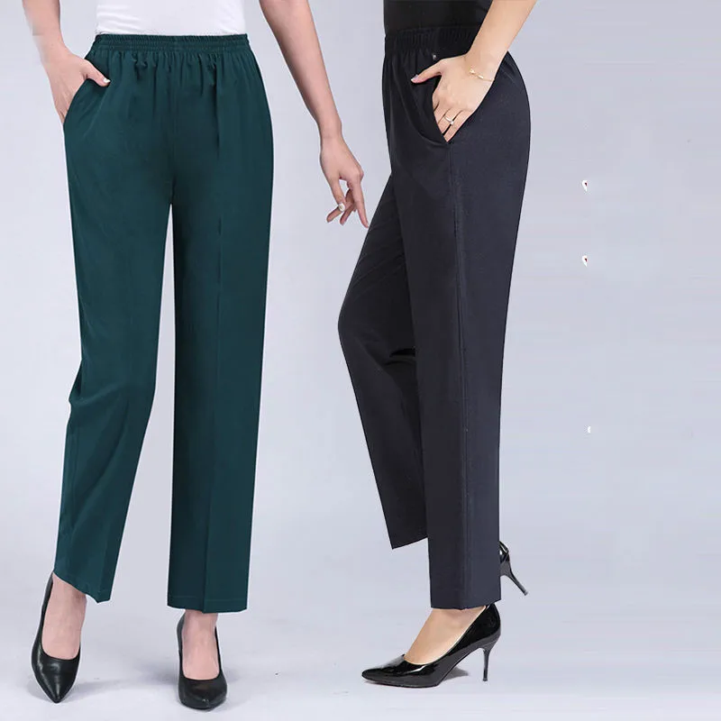 

2020 Summer New Middle Aged and Old Women Ice-silk Loose High Elastic Waist Straight Pants Female Slim Calf-Length Trousers A06