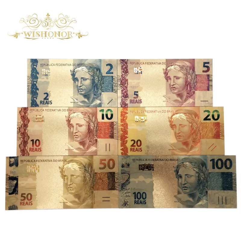 Nice Products 6pcs/set Color Brazil Banknotes 2 5 10 20 50 100 Reals Gold Banknote in Gold Plated Replica For Collection
Nice Products 6pcs/set Color Brazil Banknotes 2 5 10 20 50 100 Reals Gold Banknote in Gold Plated Replica For Collection