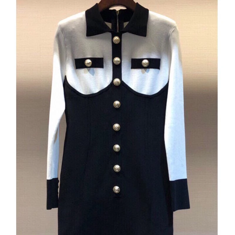 Winter Knitted Long-sleeved Golden Button Turn-Down Collar Back Zipper Sexy Black White Patchwork Bodycon Dress
Winter Knitted Long-sleeved Golden Button Turn-Down Collar Back Zipper Sexy Black White Patchwork Bodycon Dress