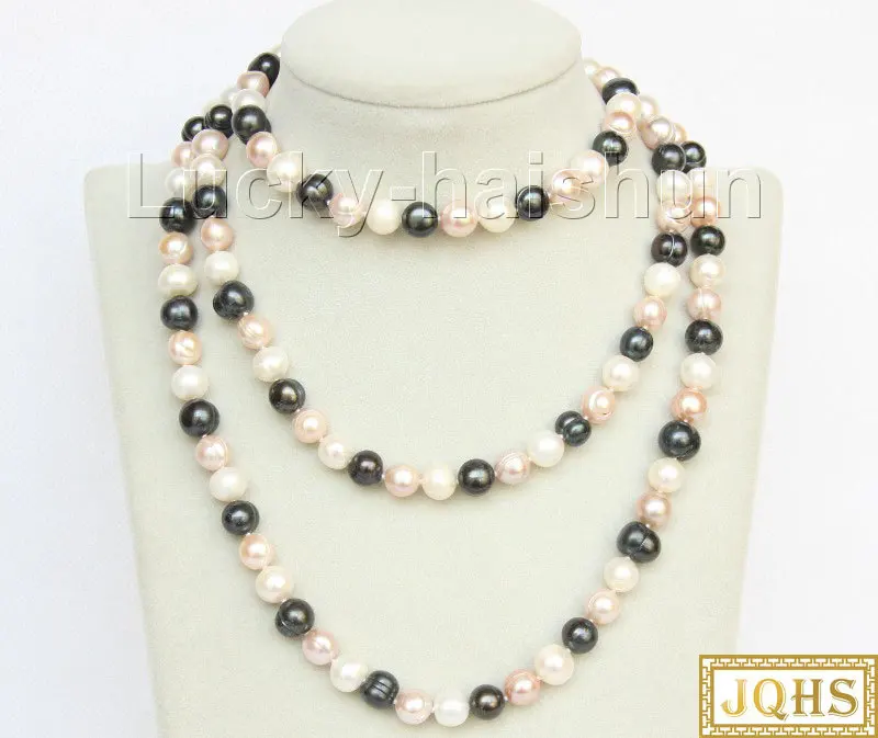

Long 47" 11mm Near Round White Pink Black Assorted Pearls Beads Strand Knotted Necklace J9872A90E17
