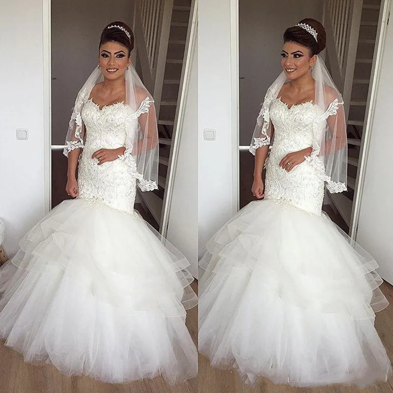Layered Mermaid Wedding Dresses Sweetheart Neckline Strapless Crystals Beading Lace Trumpet Bridal Gown robes de mariée 2021
Layered Mermaid Wedding Dresses Sweetheart Neckline Strapless Crystals Beading Lace Trumpet Bridal Gown robes de mariée 2021