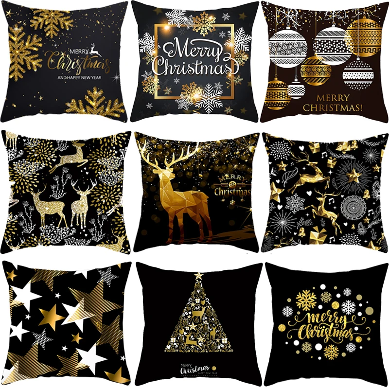 

45cm Christmas Black Gold Cushion Cover Merry Christmas Decorations for Home Cristmas Ornaments Natal Navidad Gift New Year 2021