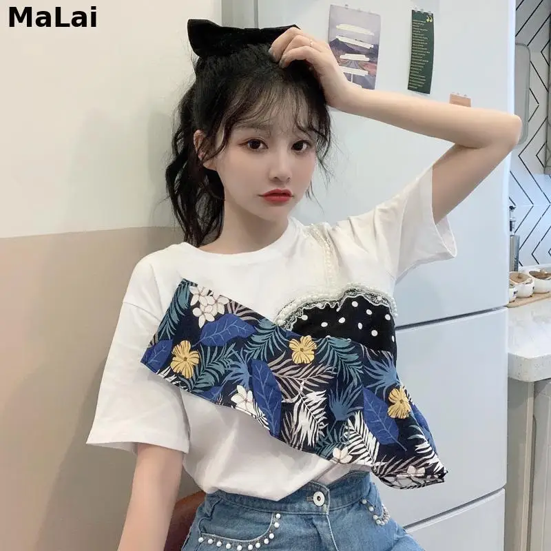 Summer 2021 Patch Patchwork Beaded Harajuku O-Neck Short-Sleeve White T-Shirt Female Preppy Style Loose Sweatshirt Cotton Tops
Summer 2021 Patch Patchwork Beaded Harajuku O-Neck Short-Sleeve White T-Shirt Female Preppy Style Loose Sweatshirt Cotton Tops