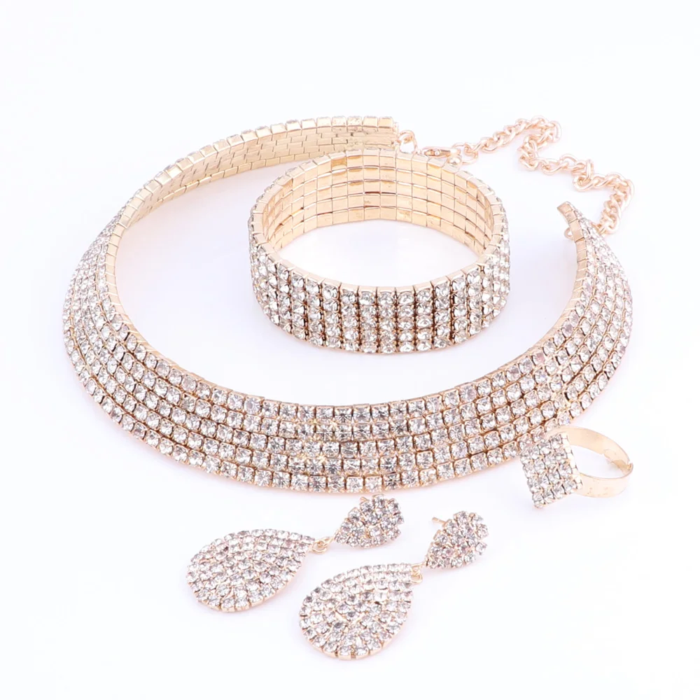 Hot Selling Bride Classic Rhinestone Crystal Choker Necklace Earrings Ring And Bracelet Wedding Jewelry Sets Wedding Aessories
Hot Selling Bride Classic Rhinestone Crystal Choker Necklace Earrings Ring And Bracelet Wedding Jewelry Sets Wedding Aessories