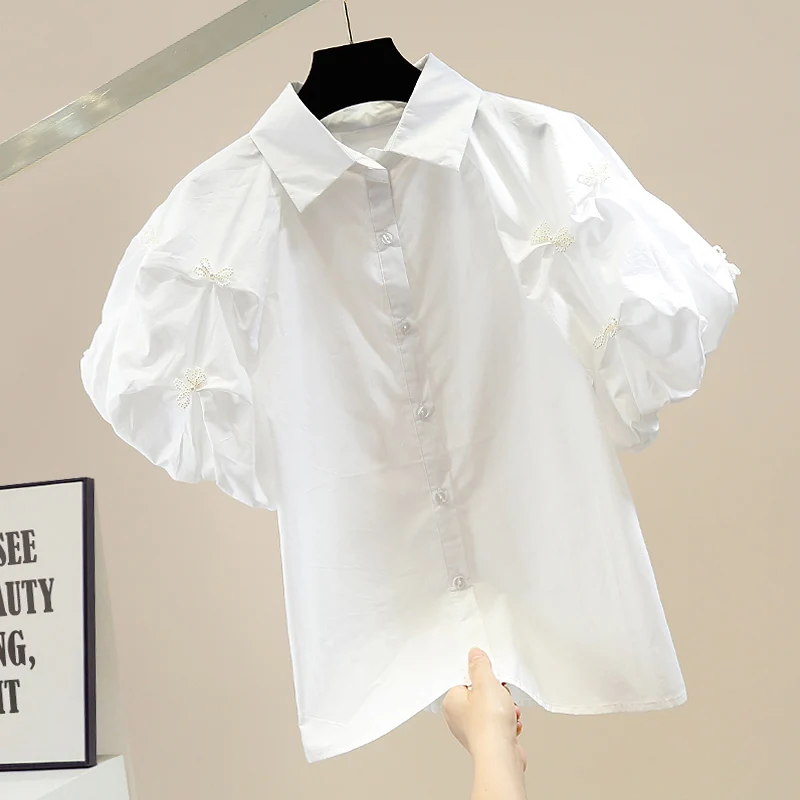Pearl Bow Vintage Short Lantern Sleeve Single-Breasted Lapel Shirt Women's Loose All-Match Sweet Top Blusas Mujer
Pearl Bow Vintage Short Lantern Sleeve Single-Breasted Lapel Shirt Women's Loose All-Match Sweet Top Blusas Mujer